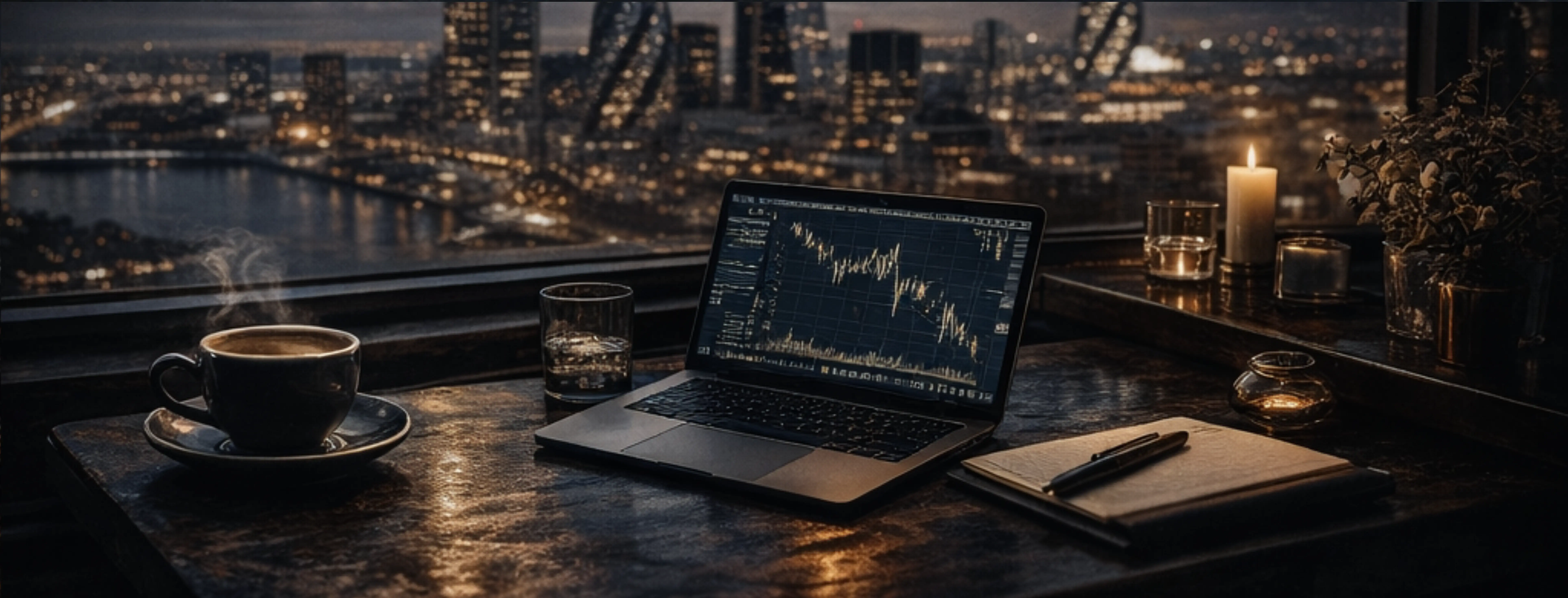 Trading desk by the London skyline